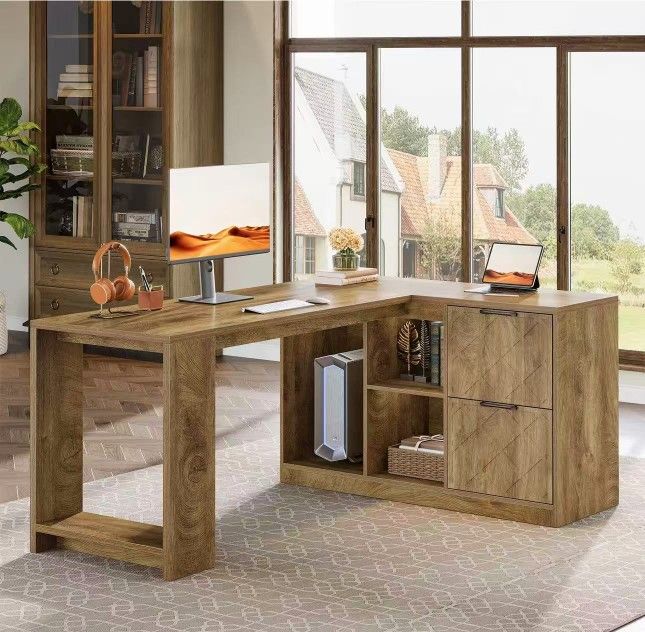 LD0050 L-Shaped Executive Desk, 63" Office Desk with File Cabinets and Shelves