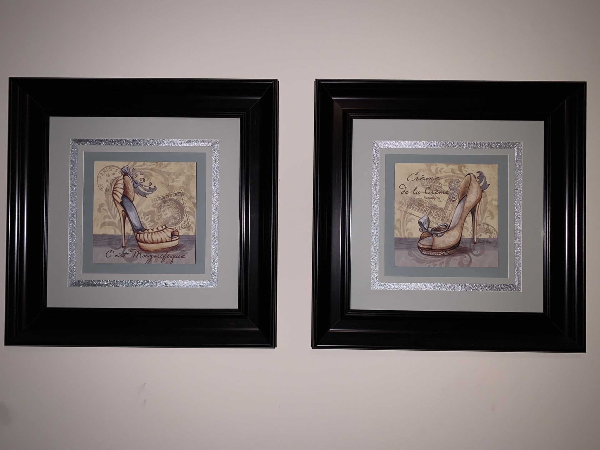 Set of Two Fashion Shoe Art Prints With Dark Espresso Black/Brown Frames 20 x 20 inches