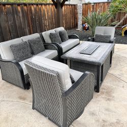 Agio Park Falls 5 Piece Woven Deep Seating with Fire Table Patio Set