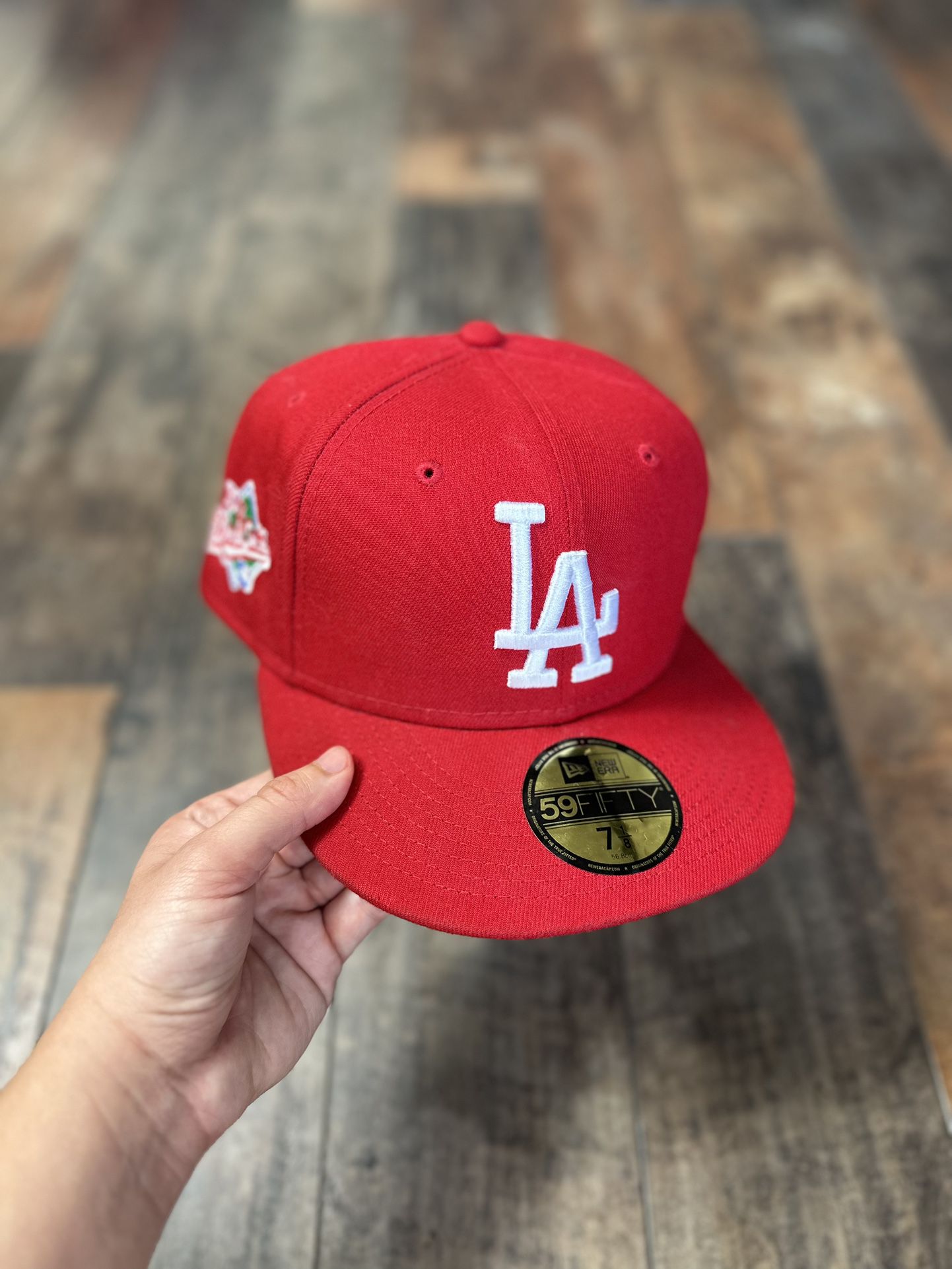 RARE Exclusive SOLD OUT LA LOS ANGELES Dodgers 59fifty New Era Fitted Red  Hat with Green UV Side Patch •SOLD OUT EXCLUSIVE LIMITED RELEASE •Size 7  for