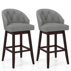 2 For $150 Assembled New Modern Upholstered Bar Stools Set of 2, 31" Bar Height Swivel Kitchen Stools w/Button-Tufted Back, Rubber Wood Frame