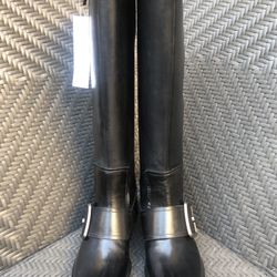 Nine West Tall Riding Callout Leather Boots W/Buckles Black Wide Size 5