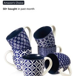 DOWAN Vintage Blue Coffee Mugs, Set of 6