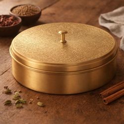 Indian Round Gold Metal Etched Designer Luxury Spice Container