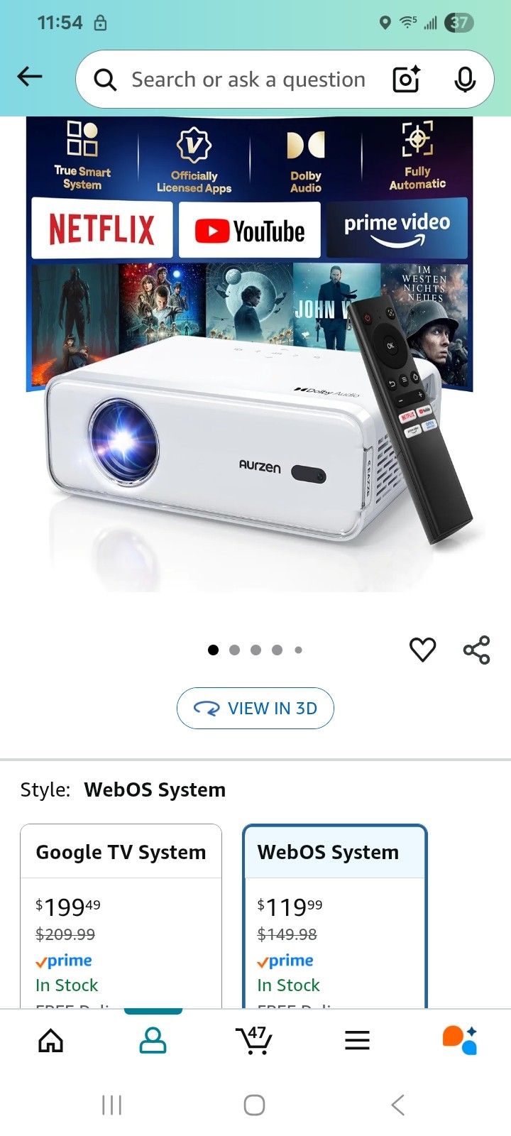 Aurzen D1 PROJECTER Full Native HD Upscale 4k With Streaming Apps Dolby Audio HDR10