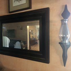 Antique Wood Mirror & Candle Holder Set