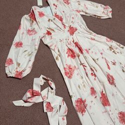 New large floral long floral poof sleeve boho dress white flower Flowy