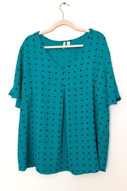 Cato Teal Green Black Polka Dotted V-Neck Short-Sleeve Blouse