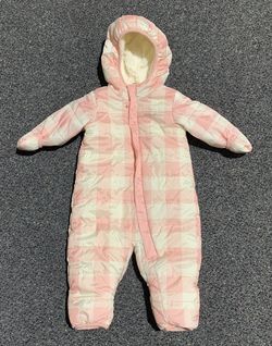 Eddie Bauer girls 3/6 month pink checkered Sherpa lined puffer snowsuit - worn once like new 