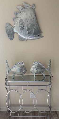 Decorative metal fish wall art, includes one large and two small pieces. $55 decorative table $45