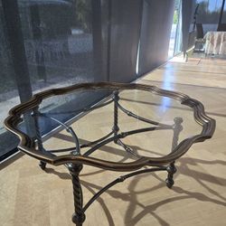 Scalloped Glass Coffee Table with Antiqued Brass Frame