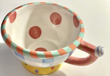 Hand-painted ceramic mug. Whimsical, colorful design w/ Red Polka-dots inside.