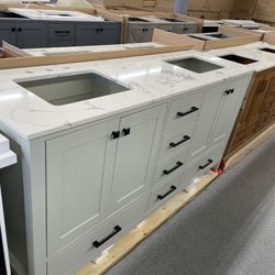 Bathroom vanity cabinet 72” full mango Quartz top with sinks And Backsplash 