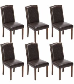 Brand New Set of 6 Brown Leather Dining Chairs – Nailhead Trim