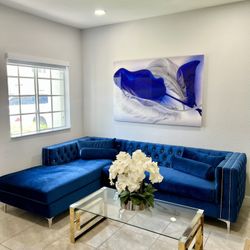 Blue Velvet Sectional Sofa With Chase And Pillows