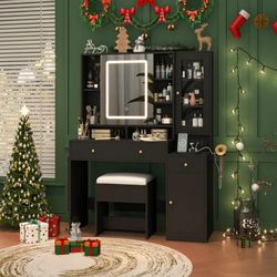 Black Vanity Desk with Sliding Mirror & Lights, Vanity Table Makeup Desk with Charging Station 2 Drawers 2 Doors, Lots of Storage Shelves, Large Vanit