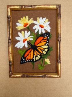 Vintage Crewel Embroidery Monarch Butterfly Floral Art Faux Bamboo Frame