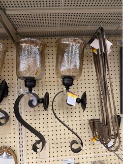 $25 Pair of Wrought Iron Scroll Wall Sconces with Glass Hurricanes hobby lobby brand.