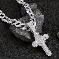 3-Pcs Iced Out 14K White Gold-Plated Cubic Zirconia Cross Pendant With 24"Miami Cuban Chain Necklace And Bracelet Set 