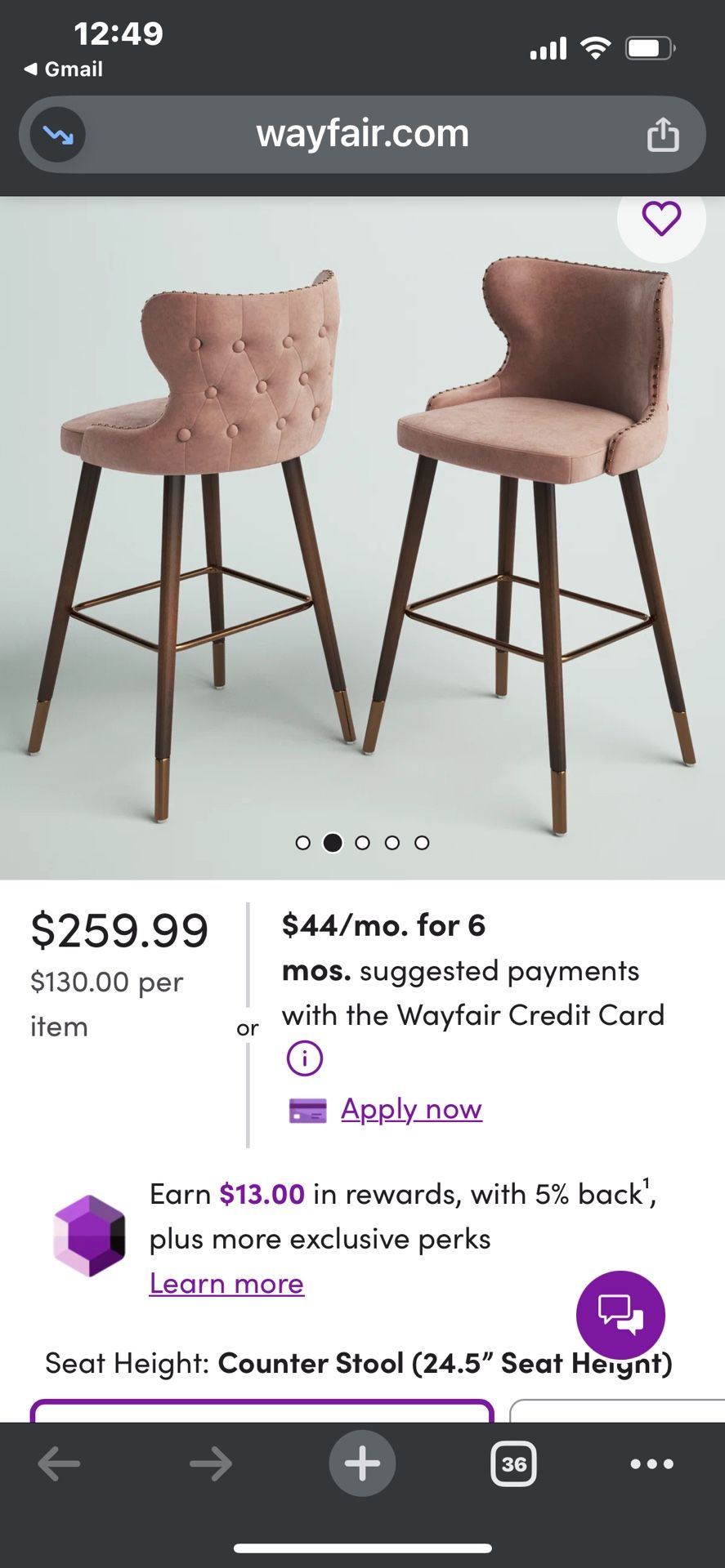 🌸 Hagood Blush Pink Glam Counter Stool | Tufted Seat + Gold Accents | Like New