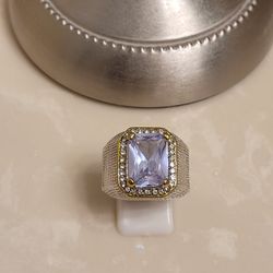 Men's Silver and Gold CZ Statement Ring Size 10