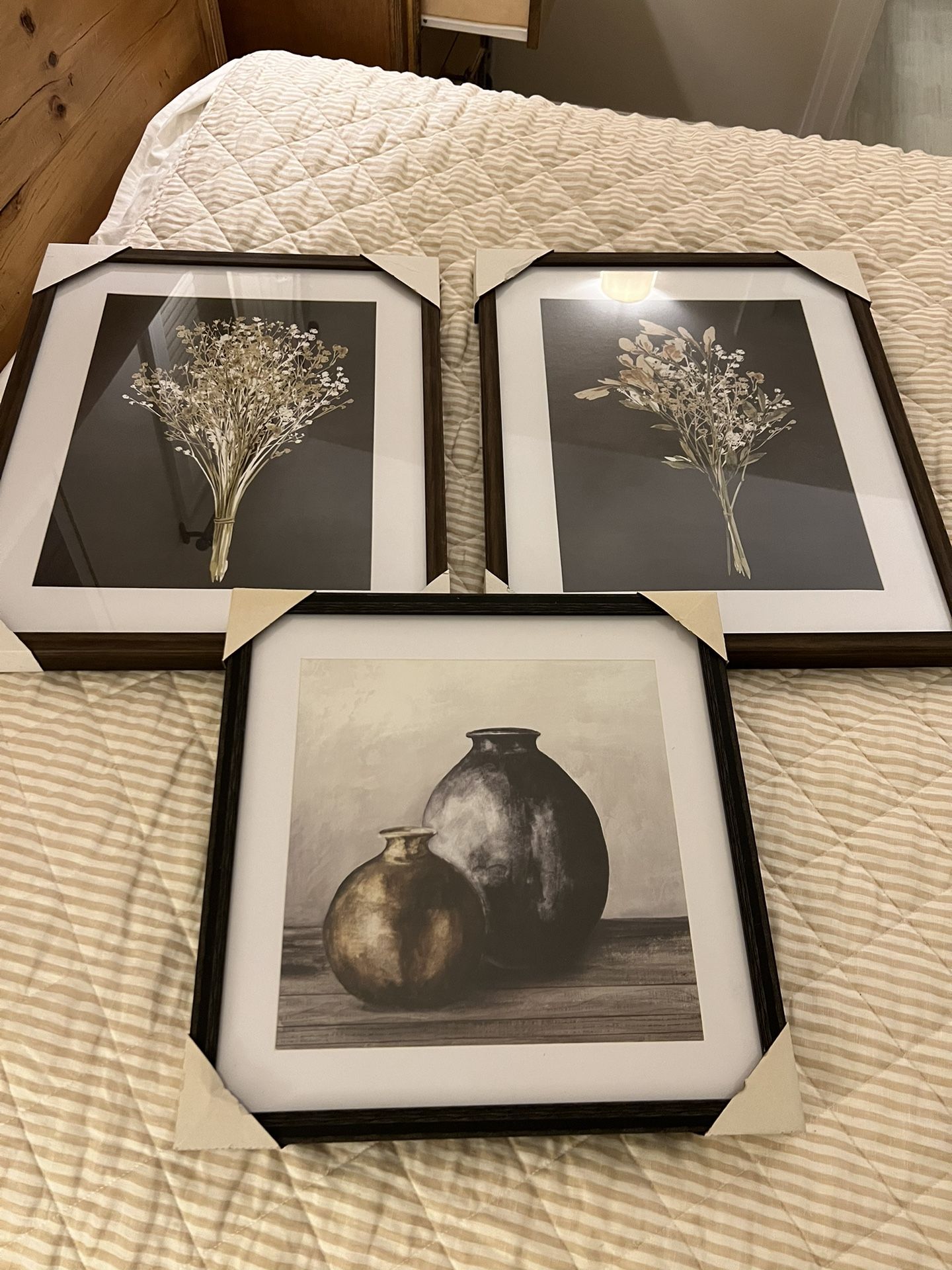 Framed prints, New, Set Of 3, Floral And Vase, Black and Bronze