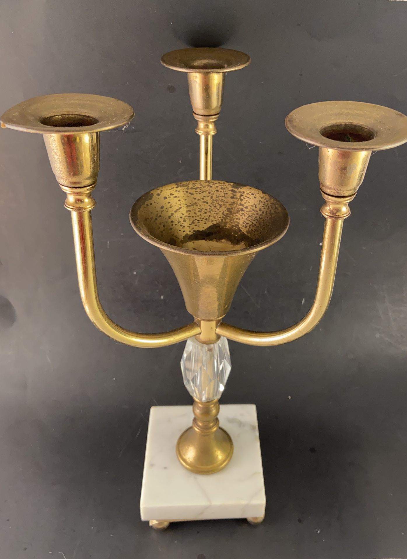 Vintage Antique Brass Candelabra  Marble Base Candlestick Holder—Hollywood Regency Art Deco Style