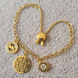MICHAEL KORS 3-PC MK Logo Charms Gold Slider Bracelet Crystals MKJ(contact info removed) 