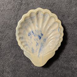 Vintage Blue and White Shell Trinket Tray Lucite Over Concrete. 