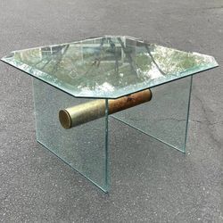 Vintage 1970s Mid Century Modern MCM Beveled Tempered Glass And Brass Cylinder Coffee Side End Accent Table