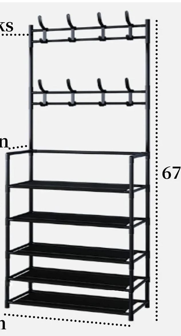 Shoe Rack, 3 in 1 Entryway Coat Rack, Freestanding Hall Tree with 5 Shelves Storage for Organizer, 8 Hanger Hooks, Upper Shelf, Black