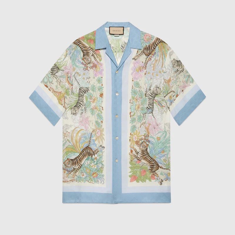 Men's GUCCI Blue Tiger & Flower Print Silk Shirt