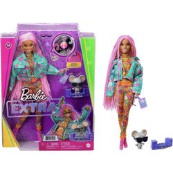 Barbie 2021 EXTRA Doll #10 Pink Micro-Braids Floral Print Denim Jacket & Joggers