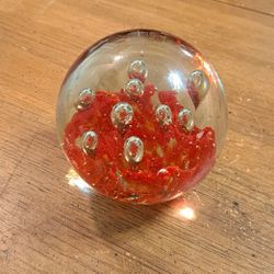 Vintage Murano Style Large Blown Glass Art Paperweight Red With Stretched Bubbles 4" Very Heavy