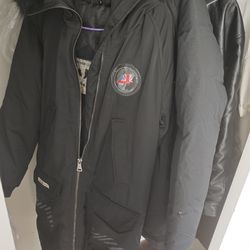 Black Parka Down Jacket Hooded Fur Trim Logo Patch Zip Long