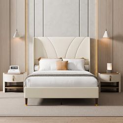 Cozy Castle Full Size Bed Frame with 51.2" Tall Curved Wingback Headboard, Linen Upholstered Platform Bed, Soft Fabric, Noise-Free, Wooden Slats Suppo