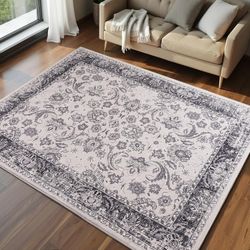 Area Rugs 5x7 Washable Non-Slip Kid & Pet Friendly Living Room Carpets Vintage Floral Foldable Thin Low Pile Rug for Bedroom Kitchen Dining Room Grey
