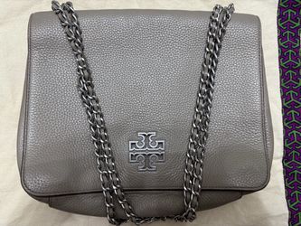 Tory Burch Gray Pebbled Leather Chain Shoulder Bag