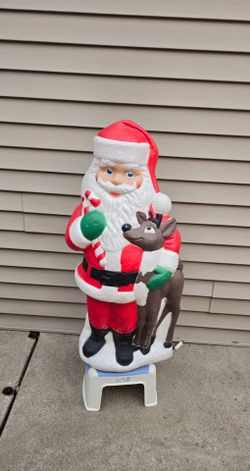 Vintage TPI Santa Claus With Reindeer Christmas Blow Mold Yard Decoration 40"