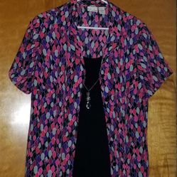 Women's Kim Rogers Multicolored Cardigan with Attached Tank & Removable Necklace Size 1X
