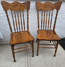 Vintage Solid Oak Hand-Carved Dining Chairs (Set of 2)