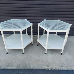 Vintage Pair of Faux Bamboo Hexagonal End Tables with Caned Tops and Glass Over Caning.