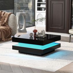 High Gloss Minimalist Design With LED Lights, 2-Tier Square Coffee Table