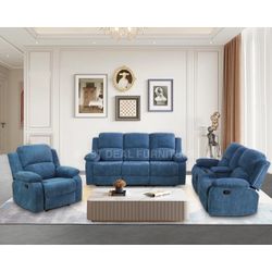 Blue Reclining Couch 3-Pc Set — Sofa • Loveseat • Chair
