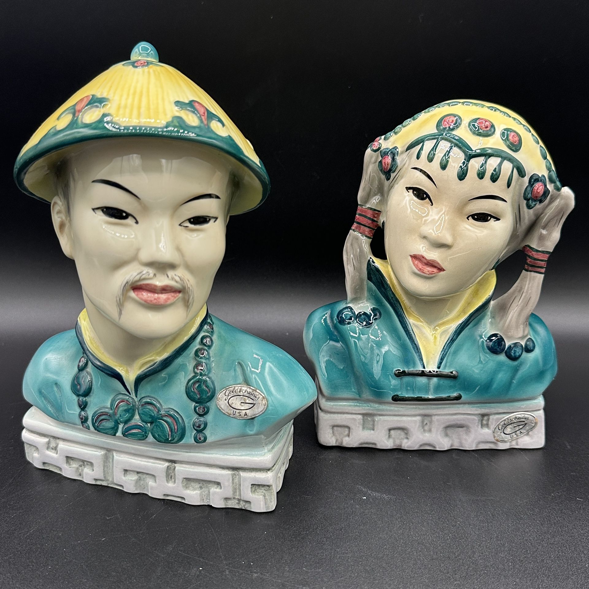 Mid-Century Goldscheider Mongolhead H. Lindhoff Asian Man & Woman Bust Vintage MCM