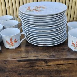 Vintage Porcelain Snack Plates Red Flowers Tree Branch Made in Japan - Set of 15/15