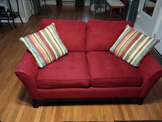 Red Loveseat and Ottoman