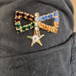 Order Of The Eastern Star Brooch With Colorful Rhinestones & Hanging Star Charm