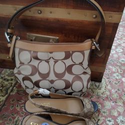 Beige Shoulder Bag Purse, Sandals Shoes 