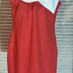 VENUS Orange Shoulder Sheath Dress with White Bow Collar